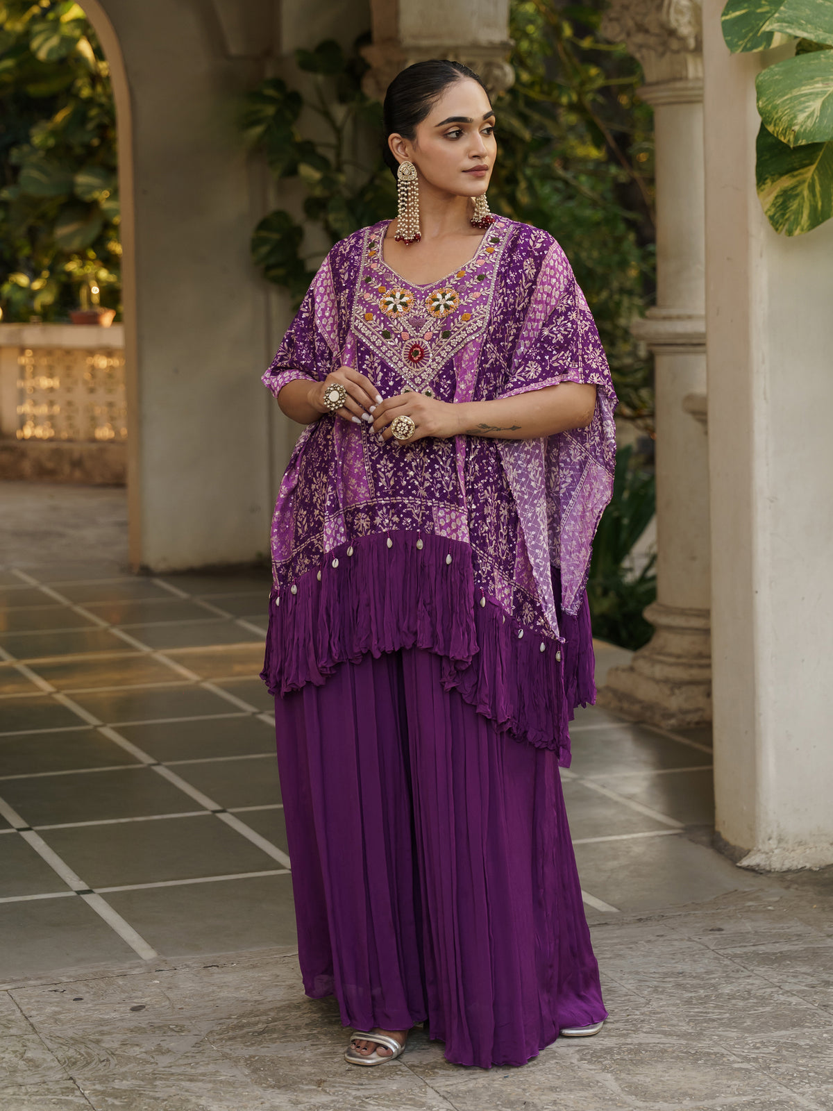 Mayra Royal Purple Pure Viscose Embroidered Kaftan Gown with Palazzo Pants