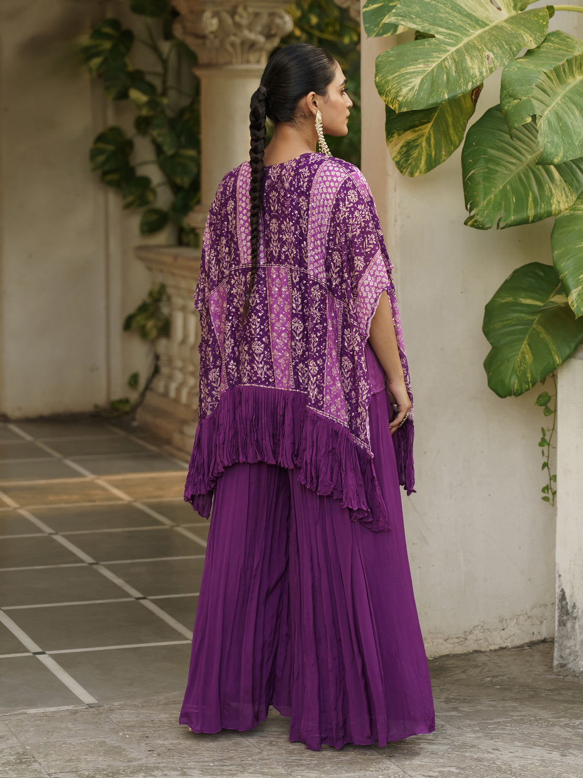 Mayra Royal Purple Pure Viscose Embroidered Kaftan Gown with Palazzo Pants