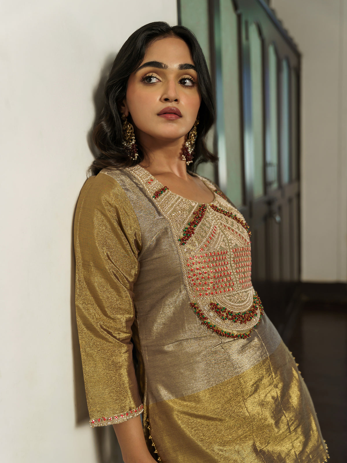 Harika Elegant Antique Gold Pure Viscose Embroidered Co Ord Set