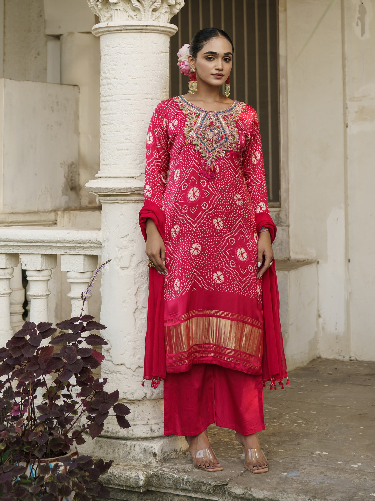 Mahira Pink Pure Viscose Bandhani Print & Embroidered Suit Set