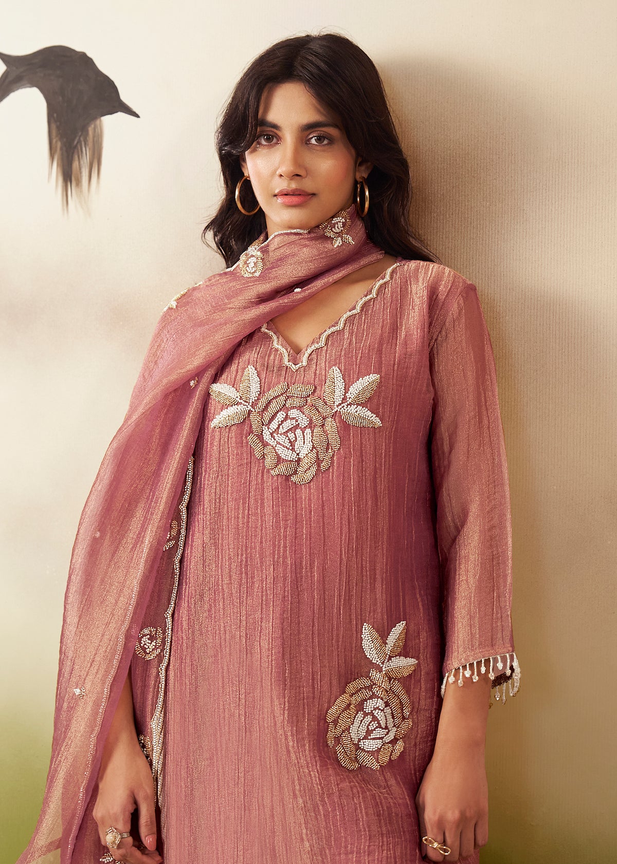 Anusha Mauve Pink Shimmer Bead Work Suit Set