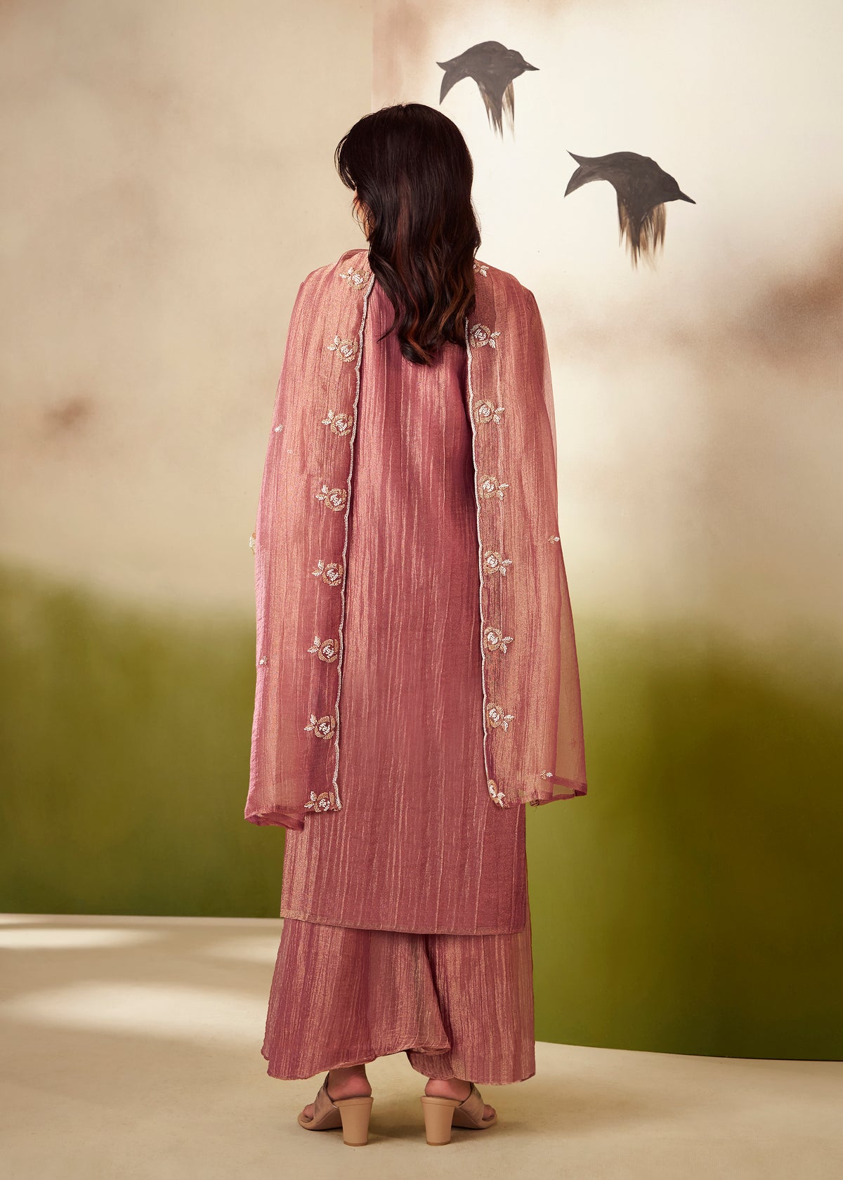 Anusha Mauve Pink Shimmer Bead Work Suit Set