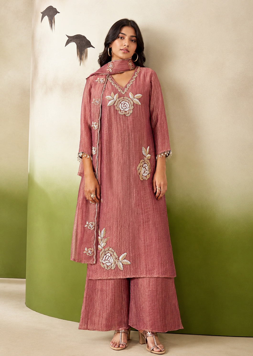 Anusha Mauve Pink Shimmer Bead Work Suit Set