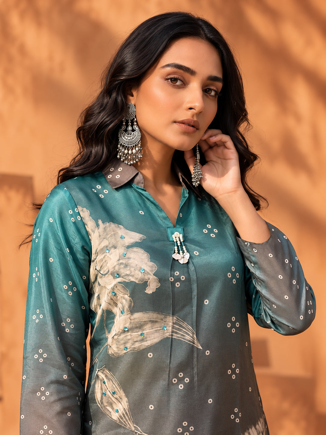 Suhana Teal Blue & Grey with Digital Print & Handwork 3D-Silk Collar Short Kurti