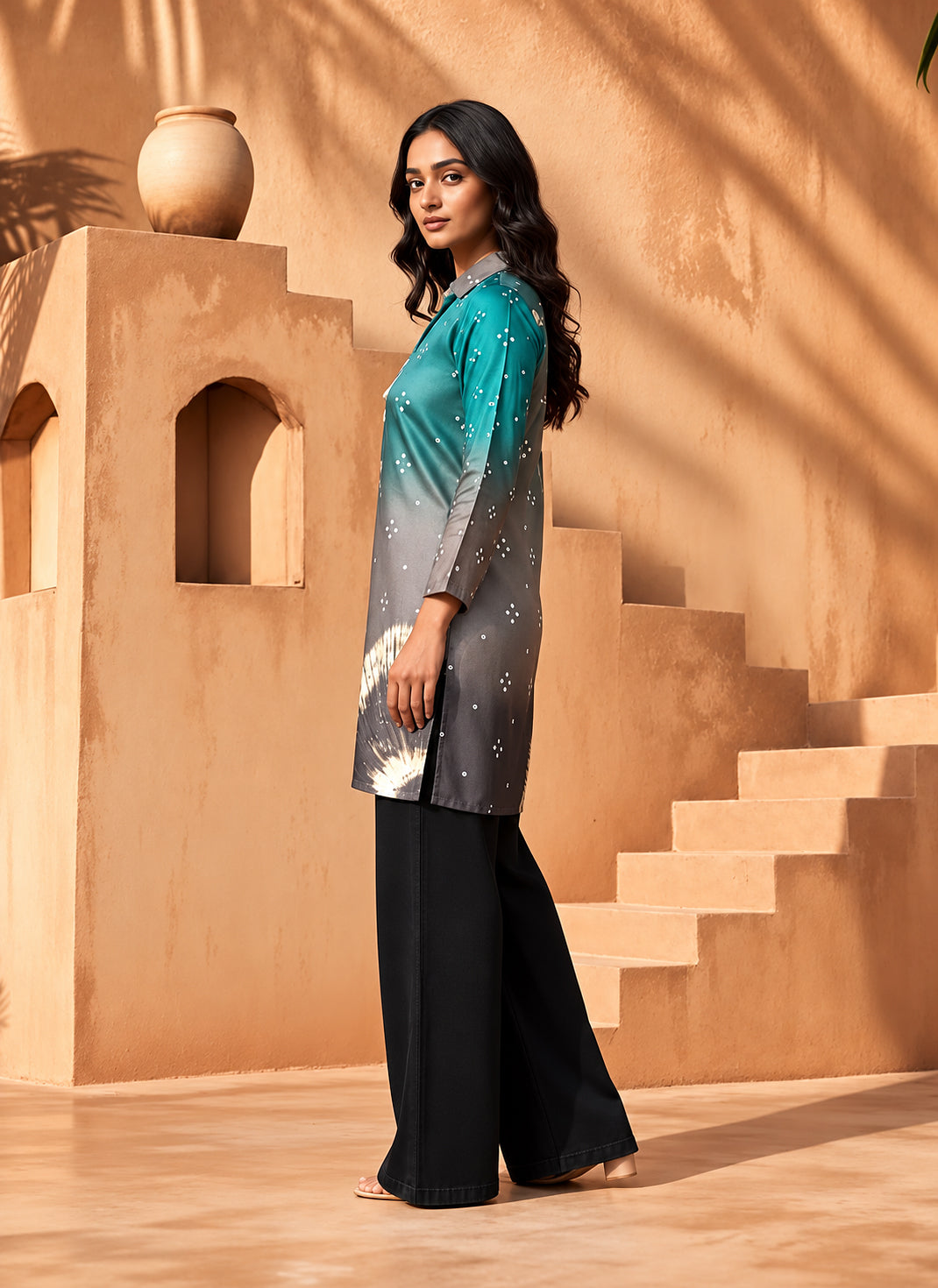 Suhana Teal Blue & Grey with Digital Print & Handwork 3D-Silk Collar Short Kurti