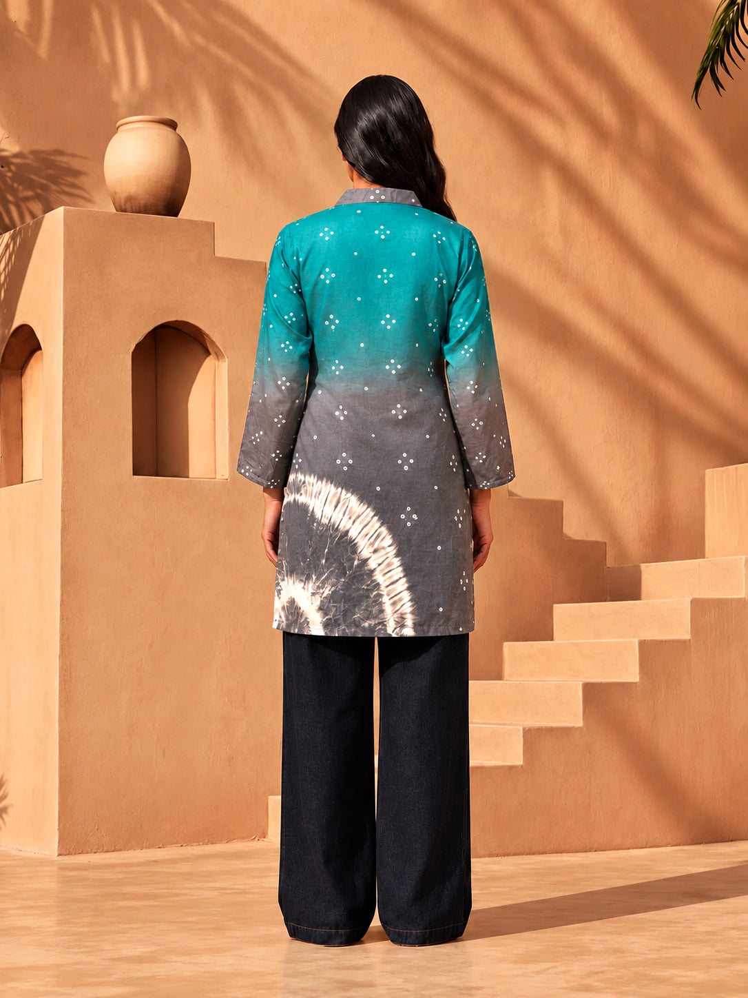 Suhana Teal Blue & Grey with Digital Print & Handwork 3D-Silk Collar Short Kurti